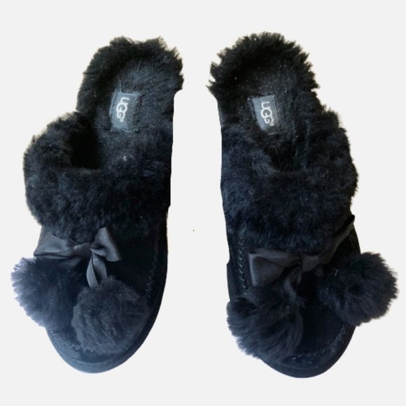 UGG Australia Slippers Slides Black Suede Sheepskin Style Hafnir - Picture 6 of 11